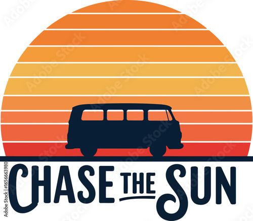 Retro van silhouetted against a vibrant striped sunset with the inspiring phrase chase the sun