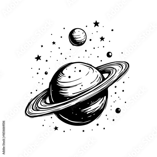 Whimsical celestial sketch: A hand-drawn depiction of saturn surrounded by a celestial constellation for astronomy enthusiasts