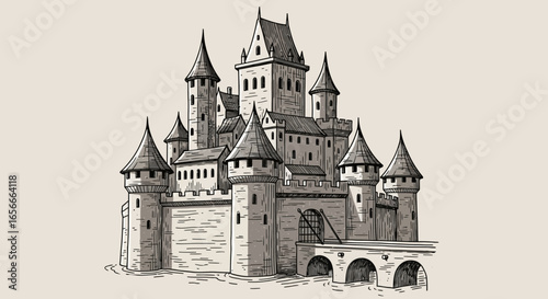 Ink Sketch of a Majestic Castle with Towering Structures and Grand Architecture