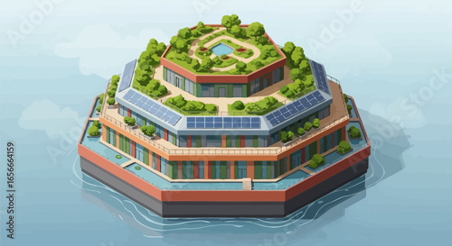 Innovative floating eco-island concept with lush rooftop garden oasis