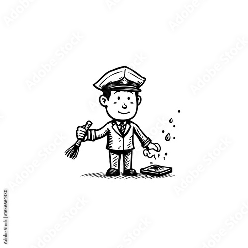 Illustration depicting a service worker with a brush near a tile floor requiring cleaning and maintenance