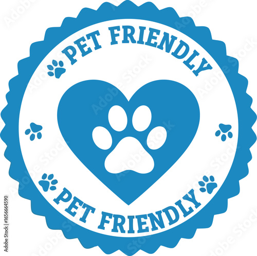 Blue circular badge with a heart and paw print inside indicating a pet friendly establishment or service