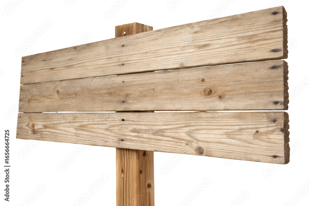 Fototapeta premium Weathered rustic blank wooden sign with three horizontal planks on a post, isolated on a white background