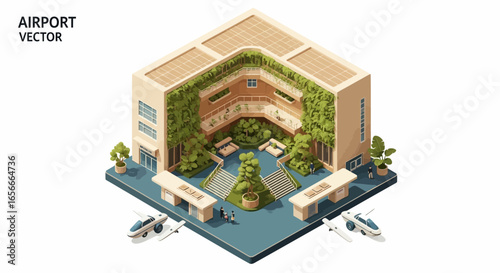 Isometric eco airport terminal with lush greenery and futuristic aircrafts