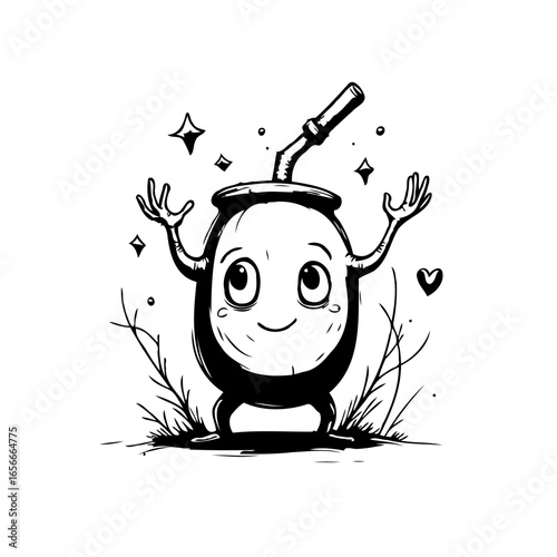 Cute cartoon yerba mate gourd character with a friendly face and straw illustration