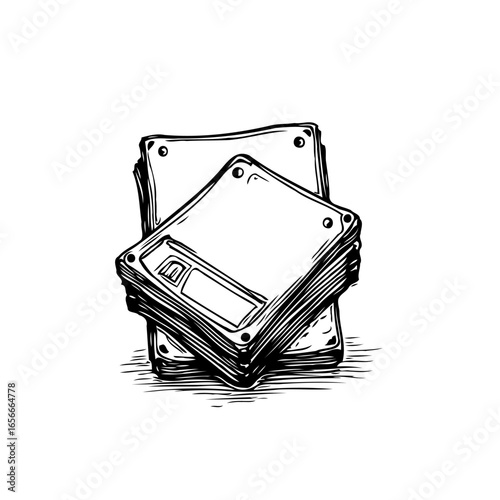 Nostalgic retro storage media depiction: stack of vintage floppy disks evokes data archiving and memory