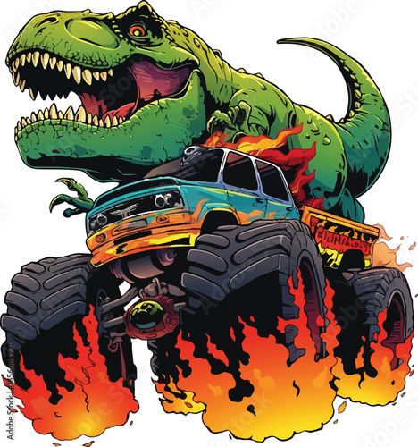 Dinosaur Crushing Car: A fearsome dinosaur, with menacing teeth, crushing a monster truck. Illustrating the power of raw strength and prehistoric terror, a playful yet slightly ominous depiction.