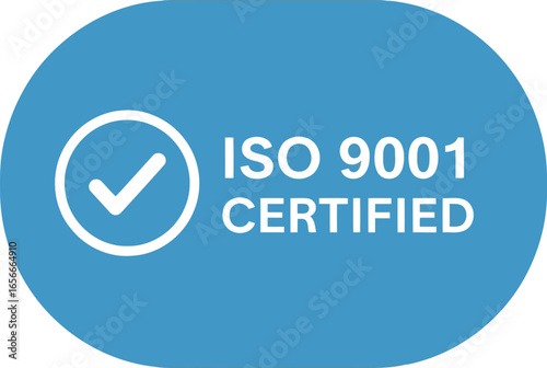 Blue oval badge with white text iso 9001 certified and a white checkmark inside a circle
