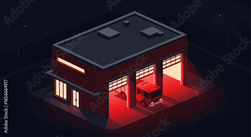 Isometric Fire Station at Night, A Beacon of Service in the Darkness