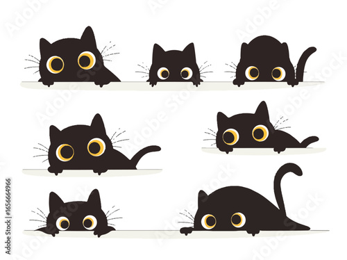 Peek-a-Boo Cats: A collection of adorable black cats peeking over a edge, their wide, innocent eyes full of playful curiosity, with cartoonish details.