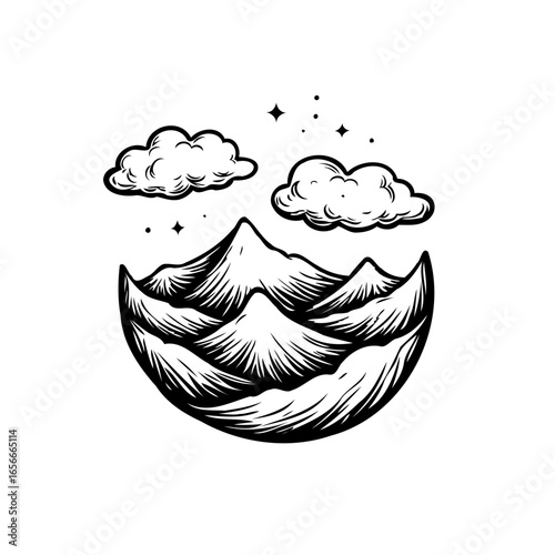 Abstract mountain range with clouds floating under a starry sky dreamy scene drawing art