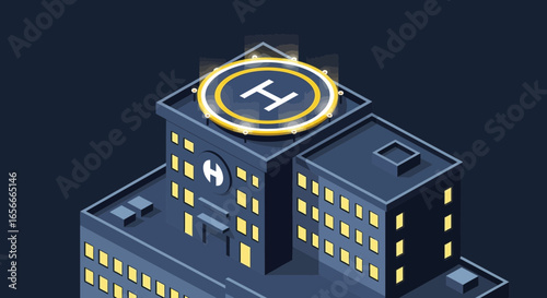 Isometric hospital building with helipad, vector illustration in modern style