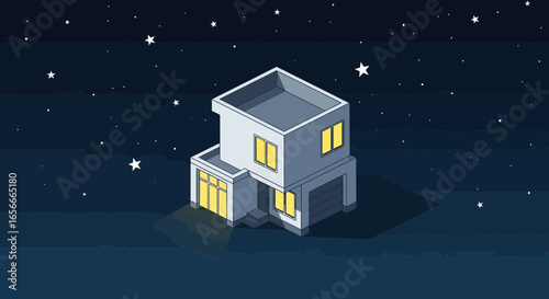 Isometric house illustration with illuminated windows against starry sky backdrop