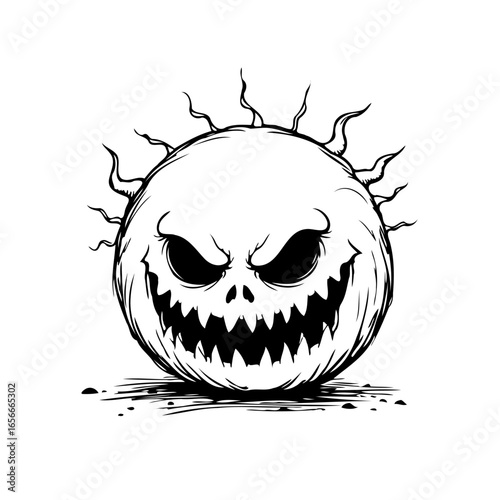 eerie halloween spirit drawing of a spooky cartoon creature with monstrous features and sinister expression isolated on white