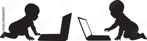Two children using laptops silhouette