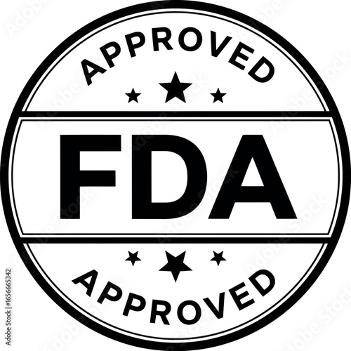 Official fda approved seal stamp icon symbolizing regulatory compliance and product safety standards in black and white