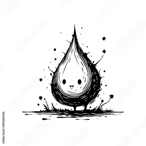 Cute cartoon water droplet illustration expressing purity and childlike joy, a whimsical black and white illustration