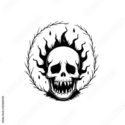 Skull illustration featuring flames and twigs to depict mortality and gothic symbolism, a dark art concept