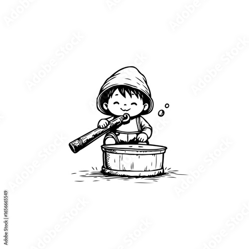 Cute baby drummer cartoon illustration playing music with a homemade instrument creating joy and fun