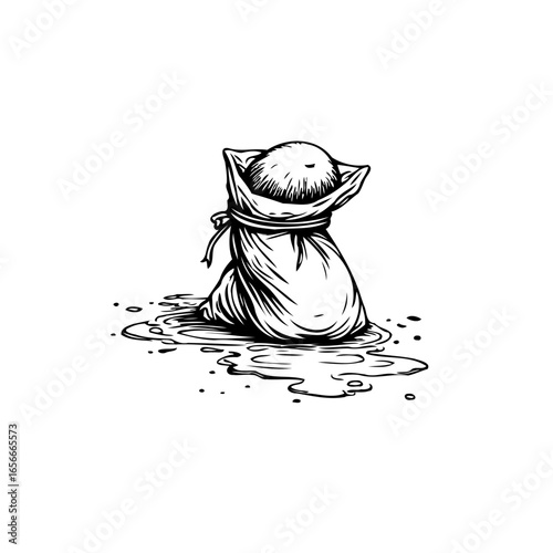 Minimalist line art illustration showing an object wrapped inside a cloth sack with liquid spreading beneath suggesting breakage or leakage