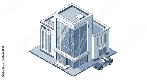 Isometric illustration of a police station building and police vehicle