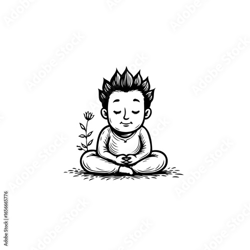 Serene child in lotus position meditating, cultivating inner peace, spiritual awakening and mindfulness practice for balanced life