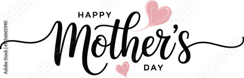Happy Mothers Day Calligraphy Vector, Stylish Lettering with Pink Heart Decorations