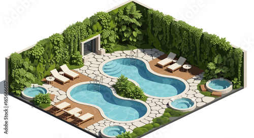 Isometric illustration showcasing a serene backyard retreat with pools and greenery
