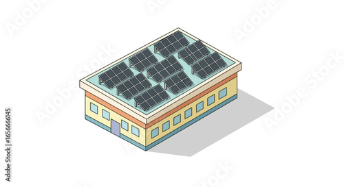 Isometric illustration showcasing solar panels installed on building roof
