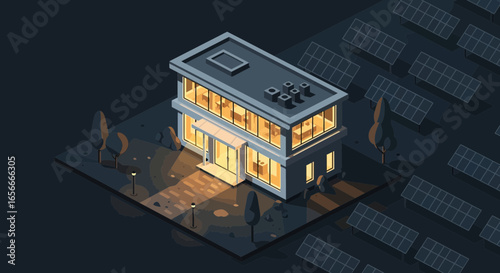 Isometric modern house with solar panels at night creating sustainable energy