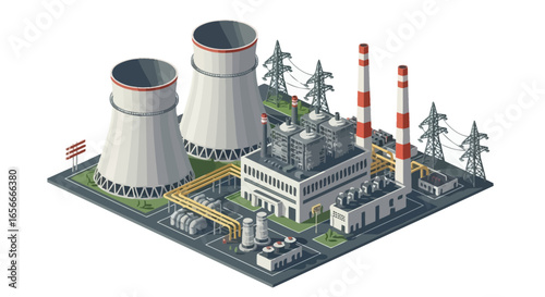 Isometric Nuclear Power Station with Towers and Transmission Lines Design