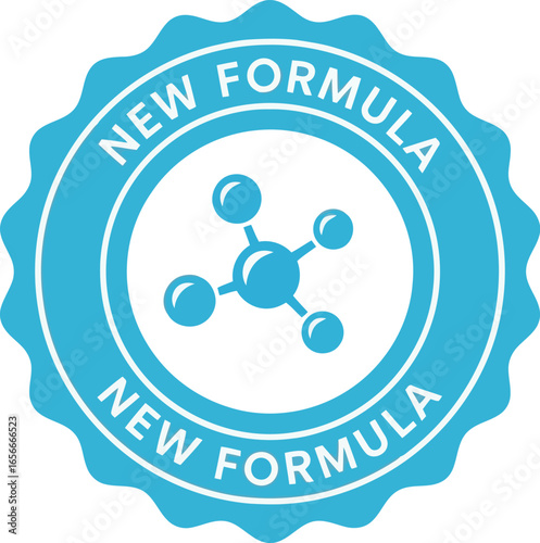 Blue circular badge with jagged edges featuring a stylized molecular structure and the text new formula repeated around the center