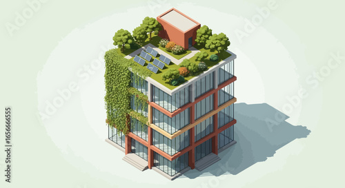 Isometric rendering of a green building with solar panels on its roof