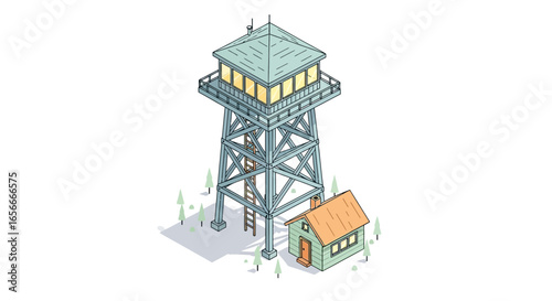 Isometric rendition of a forest observation tower with a quaint cabin