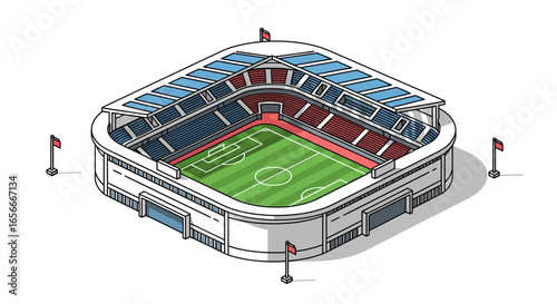 Isometric view of modern soccer stadium with green field and colorful seats