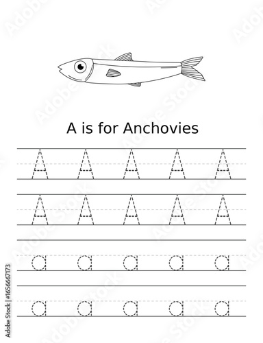 Black and white illustration:  Alphabet letter A tracing worksheet featuring an anchovy; educational preschool resource.