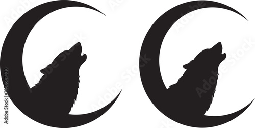 Two wolves howling at the moon silhouette