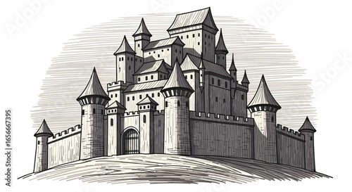  Majestic Castle Illustration Standing Proudly on a Hill in Black and White