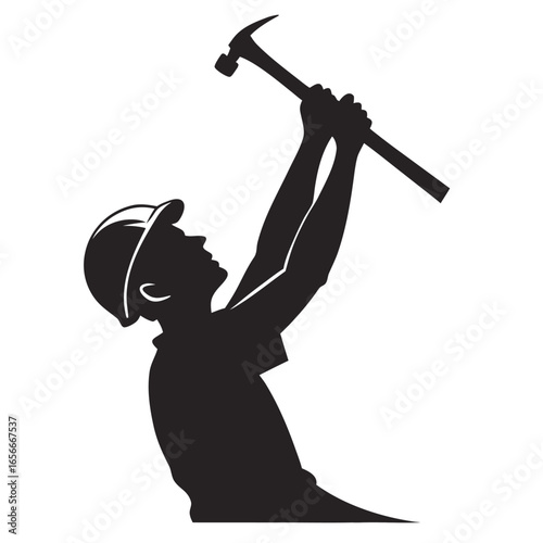 Silhouette of a construction worker swinging a hammer overhead