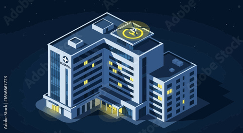 Modern hospital with rooftop helipad at night in isometric projection