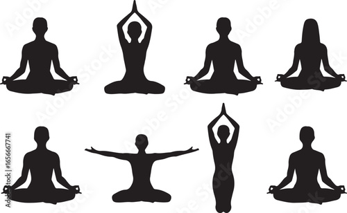 Yoga Poses Silhouettes Collection Meditating Asanas Fitness Exercise Vector
