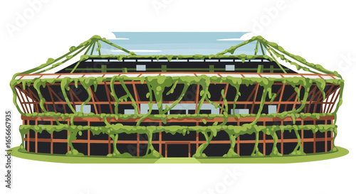 Overgrown Stadium Illustration Depicting Nature Reclaiming Abandoned Spaces