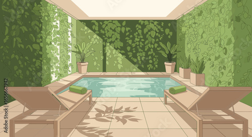 Peaceful indoor pool area filled with lush greenery in a cozy spa