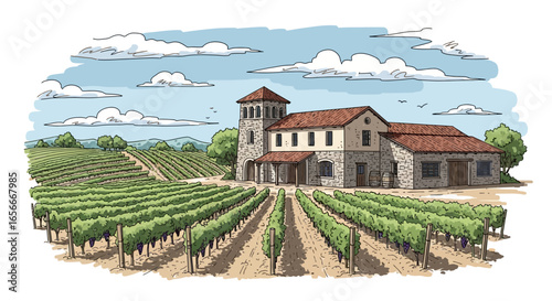 Picturesque vineyard landscape with a traditional stone villa in a drawing style