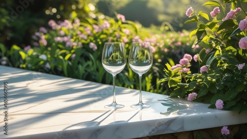 Two elegant wine glasses sit on a marble surface, surrounded by lush greenery and blooming flowers, creating a serene and inviting atmosphere.