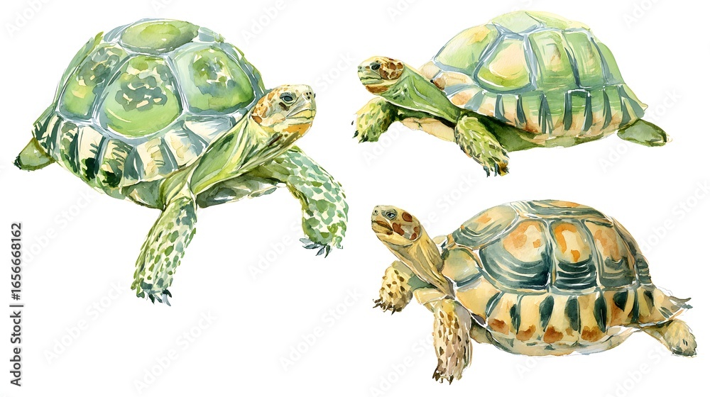 Fototapeta premium Colorful wise tortoise with many size, watercolor illustration on a white background in a realistic style. Template. Hand drawing. Close-up. Clip art