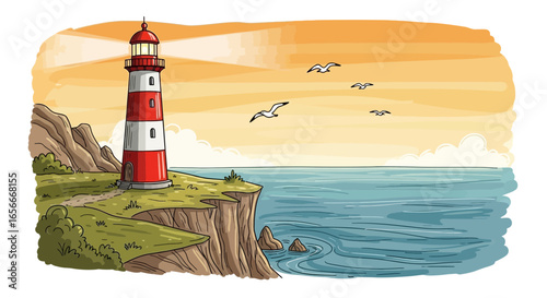 Scenic coastline vista featuring a red and white lighthouse structure