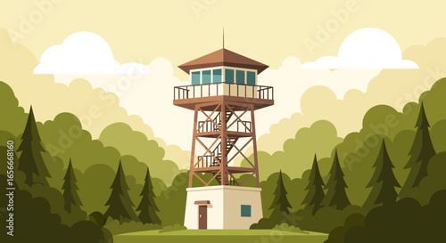 Scenic lookout tower in a lush woodland illustration with serene sky