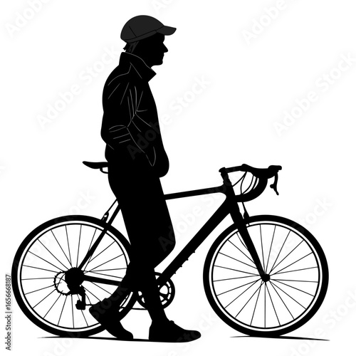 Silhouette of a man in casual attire standing with a bicycle