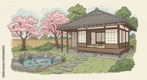 Serene japanese teahouse scene with cherry blossoms and idyllic garden landscape